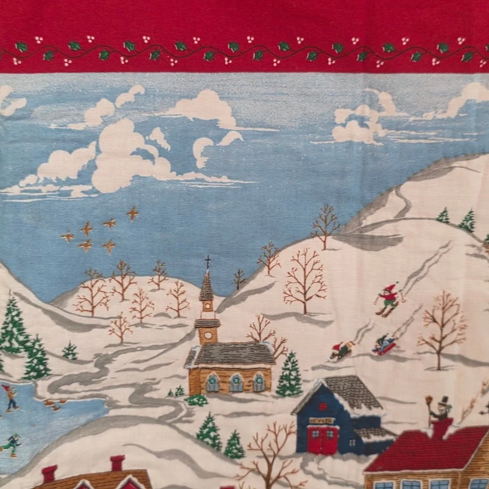 Vintage Christmas Winter Village Scenic Red Border Wall Hanging Ribbon Loops